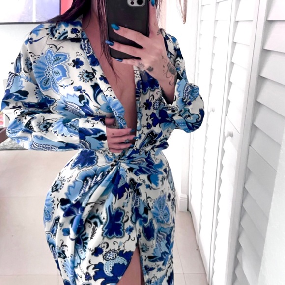 Zara Satin Effect Print Wrap Dress - Picture 2 of 16